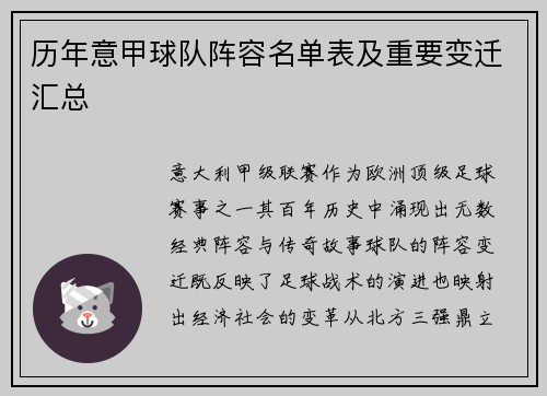 历年意甲球队阵容名单表及重要变迁汇总